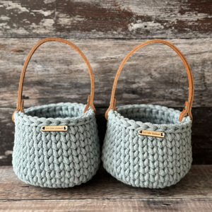 Handmade crochet easter basket with leather handle in misty blue cotton cord