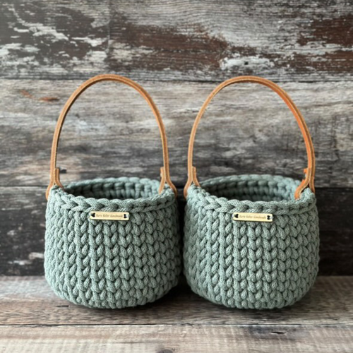 Handmade easter basket with leather handle in a pastel green 