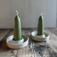 Load image into Gallery viewer, A pair of handmade candle holders from Cleiog Ceramics with stubby candles from Wax Atelier